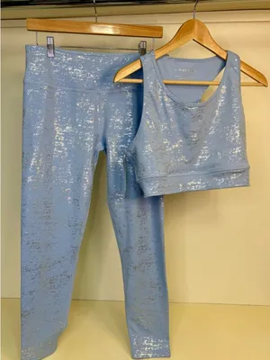 NWT Kimberley Metallic Light Blue Foil Leggings & Sports Bra Set large thumbnail 1