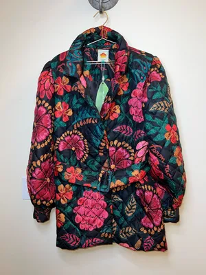 Farm Rio Black Floral Quilted Puffer Jacket XL NWT‎ Belted “Made in Brazil” thumbnail 1