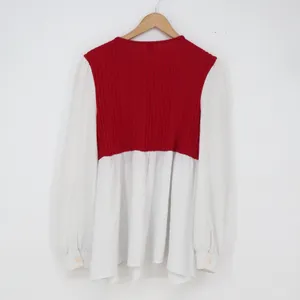 SHEIN Tunic Top Womens 12 Mixed Media Babydoll Red White Ribbed Peplum Excellent thumbnail 4