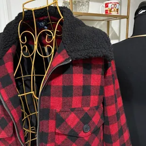 Chaps Red Black Plaid Fringe Jacket Sherpa Collar XL thumbnail 4