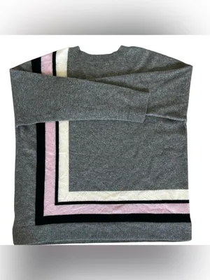 Charter Club Pure Cashmere Border Trim Sweater Gray Heather Pink Stripe Large thumbnail 4