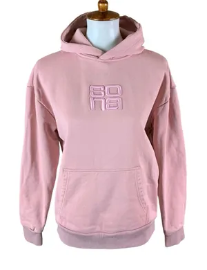 Sona Pink Embroidered Logo Hoodie Small Y2K‎ Streetwear Cozy Pullover Casual thumbnail 1