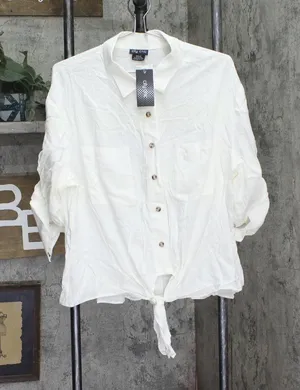City Chic Womens Trendy Plus Size Tropical Tie Collared Top Ivory Off White 2XS thumbnail 1
