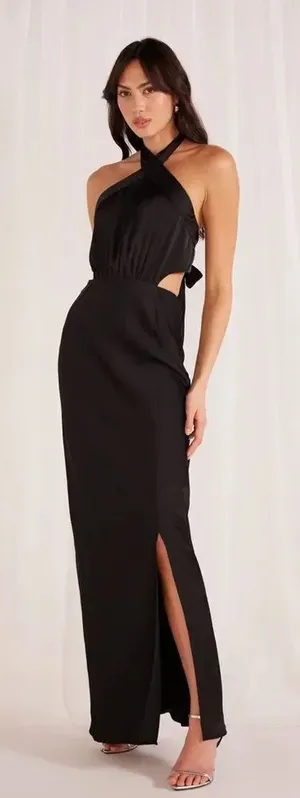 NWT MINKPINK Black S Satin Halter Cut Out Silky Maxi Dress Gown thumbnail 1