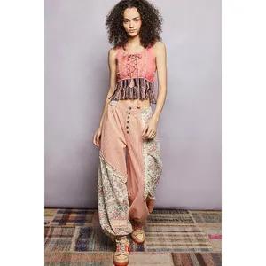 POL Lace-Up Fringe Hem Tank with Lace Detail - Pink - Large thumbnail 5