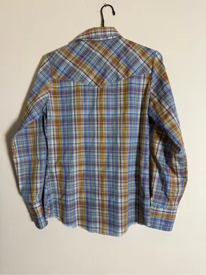 Wrangler 80s Wrangler blue, metallic, brown, and white plaid western shirt thumbnail 2