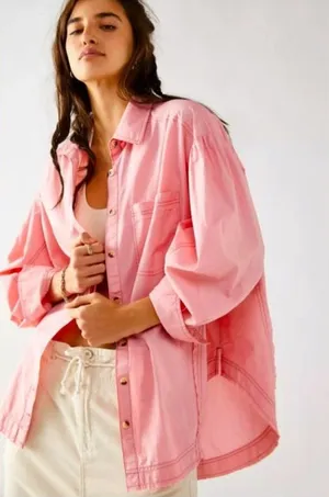 We The Free Happy Hour Shirt Oversized Pink Jean Shirt Jacket L thumbnail 1