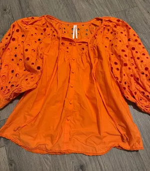 Anthropologie Bright Orange Eyelet Puff-Sleeve Peasant Blouse thumbnail 1