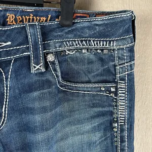 Rock Revival Jen Boot Cut Jeans Womens 31 Stretch Denim Blue Studded Flap Pocket thumbnail 3
