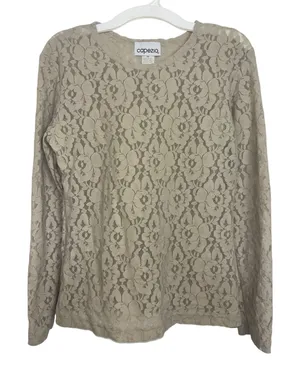 Vtg 90s Capezio Lace Floral Sheer Nude Long Sleeve Top Stretch M USA thumbnail 1