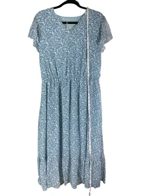 Manydress Blue Floral Midi Dress Flutter Sleeve Tie Waist Cottagecore Boho XL thumbnail 3