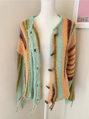 Free People Baja Cardi Sweater Cardigan Fringe Striped Button Front Size XS thumbnail 6