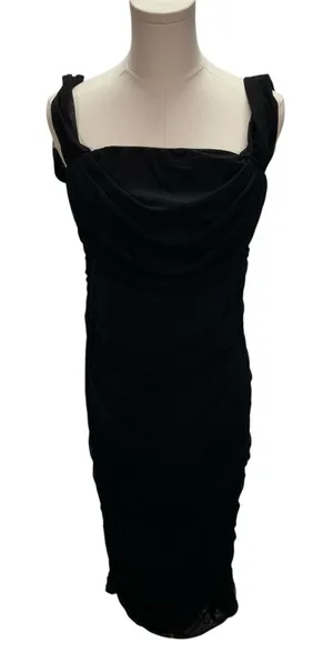New Pretty Garden Ruched Bodycon Midi Dress Womens Large Black Sexy Cocktail‎ thumbnail 1