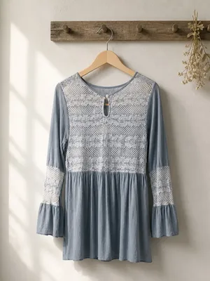POL Dusty Blue Lace Yoke Peasant Tunic thumbnail 4
