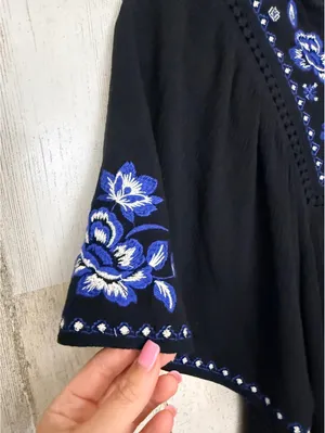 Blue Rain Women’s XXS Black Embroidered Floral Boho Mini Dress Bell Sleeve thumbnail 3