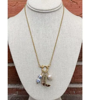 Boot Charm Necklace with Blue Floral Beads and Faux Pearl thumbnail 2