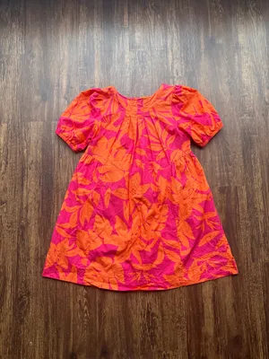 GB Women’s Pink Orange Floral Puff Sleeve Babydoll Mini Dress Size XS Tropical thumbnail 2