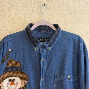 Luna Pier Button Up Denim XL Blue Scarecrow Patchwork Blue Shirt Novelty Fall thumbnail 10