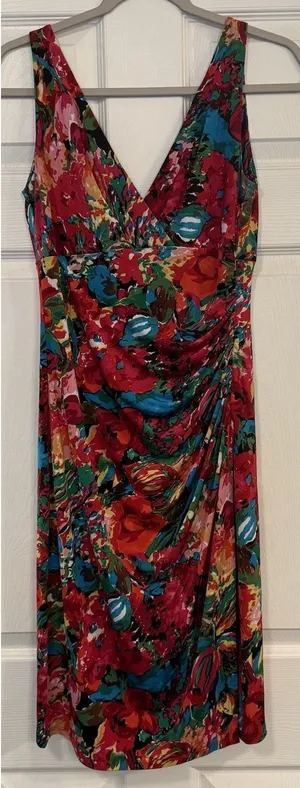 Lauren Ralph Lauren Faux Wrap Dress Sz 6 Floral Stretch Vibrant Jersey‎ Ruched thumbnail 1