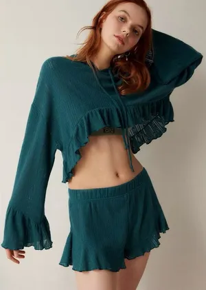 Urban Outfitters Out From Under NWOT Lizzie Ruffle Hooded Long Sleeves Top‎ Size S thumbnail 1