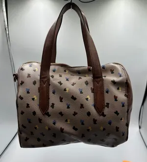 Fossil Rachel Satchel Bag Taupe Heart Print Pebbled Leather Brown Trim Handbag thumbnail 1