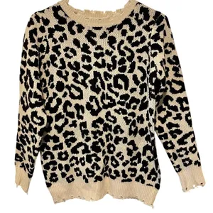 Staccato Black/Cream Distressed Long Sleeve Cheetah Print Sweater thumbnail 3