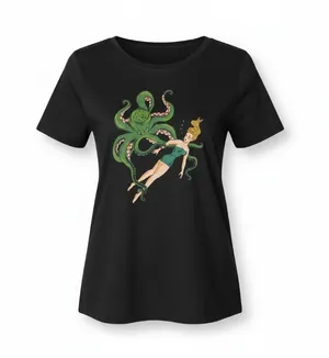 Mischief Made Women’s Octopus Pinup Girl Graphic T-Shirt Black XL thumbnail 1