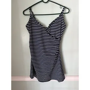 Garnet Hill Surplice Wrap One‎ Piece Striped Swim Dress 6 Blue White thumbnail 3