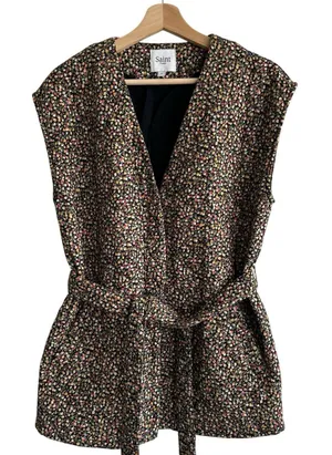 SAINT Tropez OanaSZ Quilt Vest M floral print sleeveless belted Pockets thumbnail 1