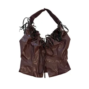 Superdown Kay Faux Leather Top in Brown, Size S thumbnail 3