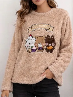 Cute Kawaii Bear Plush Fleece Sweater women’s One Size Cozy Soft Beige(A477)✨ thumbnail 2