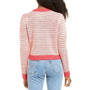 WAYF Womens Size XL Open Knit Stripe Crewneck Sweater White Pink Pullover Ribbed thumbnail 2