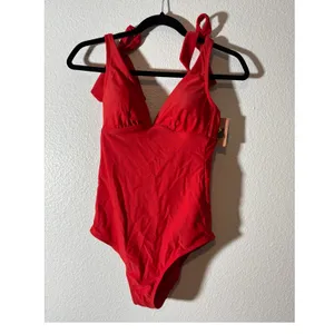 Shade & Shore NEW Women's Size S Red Tie-Shoulder Back Cutout One-Piece Swimsuit thumbnail 3