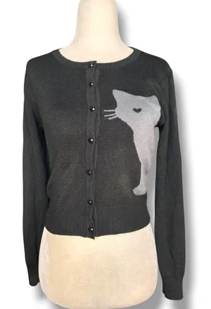 Collectif London Jessie Cropped Cardigan Sweater Novelty Rockabilly Cat Heart thumbnail 1
