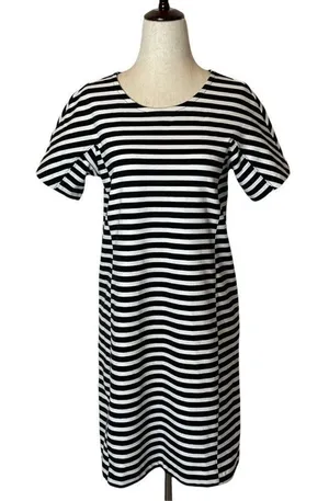 J Crew Dress Women XS Black White Striped Short Sleeve Crewneck Mini Preppy thumbnail 1