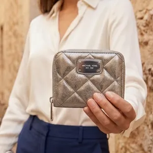 Michael Kors Hamilton Quilt zip-around wallet metallic pewter leather quilted thumbnail 1