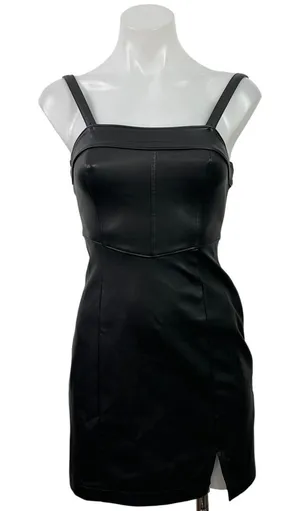 Hollister Black Faux Leather Vegan Sleeveless Slit Cami Mini Bodycon Dress XXS thumbnail 1
