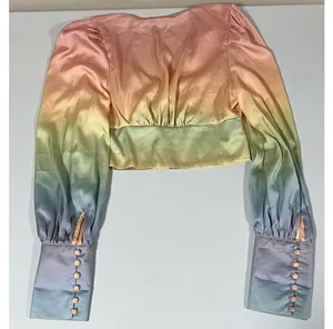 Pastel Rainbow Ombré Satin Button-Up Long Sleeve Shirt Top Blouse Size S 🎀✨ thumbnail 4