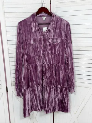 Cato Crushed Velvet Tiered‎ Babydoll Shirt Dress Mauve Purple XL Boho Cottage thumbnail 8
