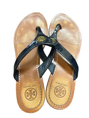Tory Burch womens black leather patent slip on casual sandals sz 8.5M SKU 10-661 thumbnail 2