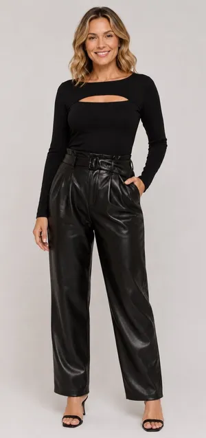 Abercrombie & Fitch A&F Black Faux Leather Belted Trouser Pants Size large thumbnail 1