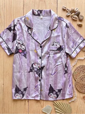 SANRIO KUROMI Satin Pajama Top Purple Striped Button Down Sleep Shirt - Size M thumbnail 1