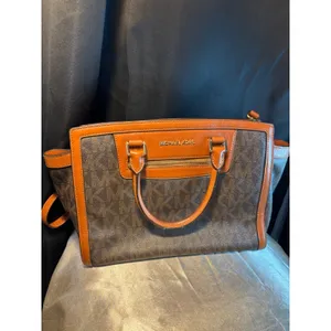 Michael Kors Signature Logo Satchel Brown Leather Trim Crossbody Bag thumbnail 7