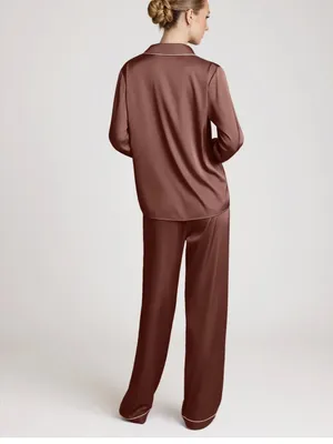 Azazie Satin Long-Sleeve Pajama Set in Expresso Brown thumbnail 2