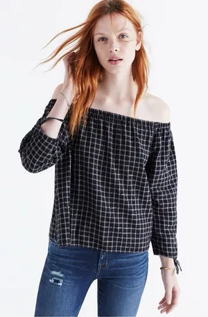 🖤Madewell Black and White Plaid Off-Shoulder Blouse thumbnail 1