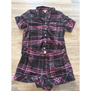 Victoria's Secret Pink Black Plaid Metallic Pajama Set Short Sleeve Shorts M thumbnail 2