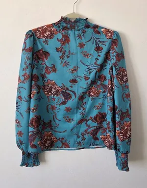 SheIn Blue Floral Blouse Top Smocked Ruched High Neck Boho Indie Gypsy Modest Medium thumbnail 1