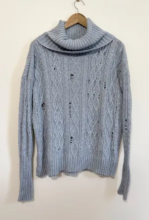 Free People Blue Distressed Turtleneck Sweater Size XS Oversized Wool Cable Knit thumbnail 1