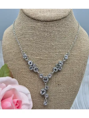 Crystal Y Drop Necklace Silver Tone Chain Formal Jewelry 19" thumbnail 2