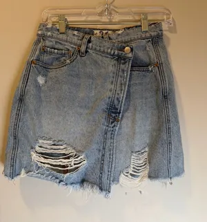 We The Free Free People Distressed Denim Mini Skirt Crossover Waist 26 thumbnail 1